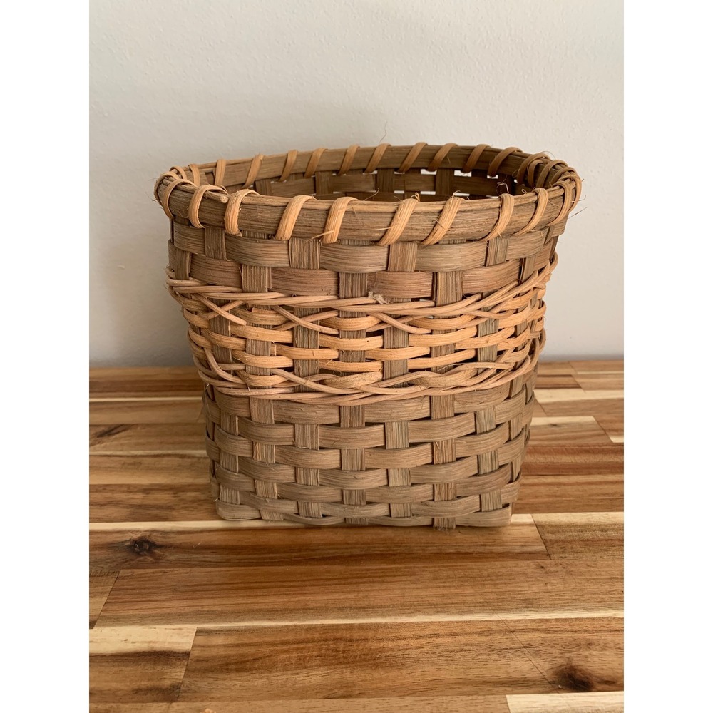 Vintage 1991 Signed Woven Wood Basket Rare Retro Boho Cottagecore Minimalist 90s